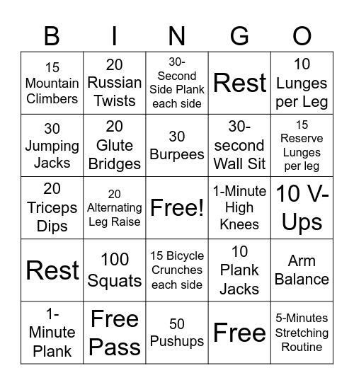 Fitness Bingo Card