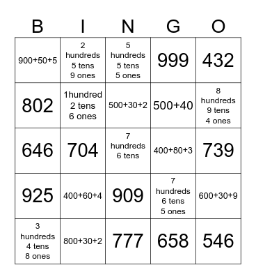 Place Value Bingo Card