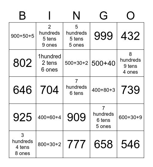 Place Value Bingo Card