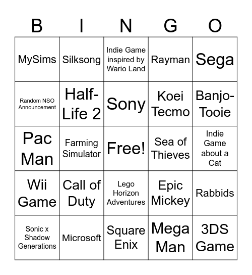 Nintendo Direct + Indies Bingo Card