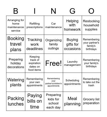 Mental Load Bingo Card