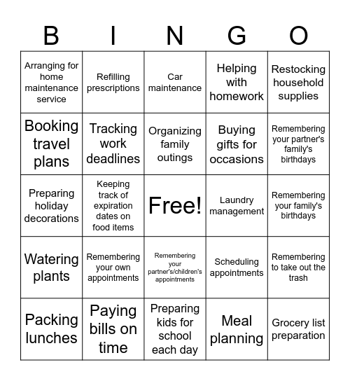 Mental Load Bingo Card