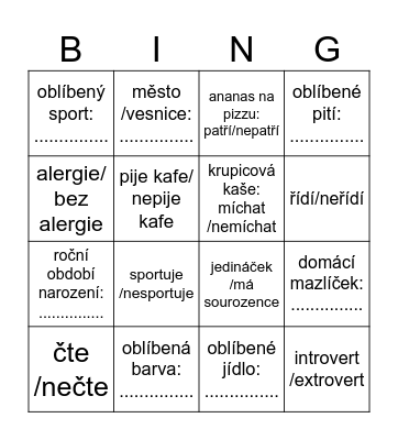 adapťák Bingo Card
