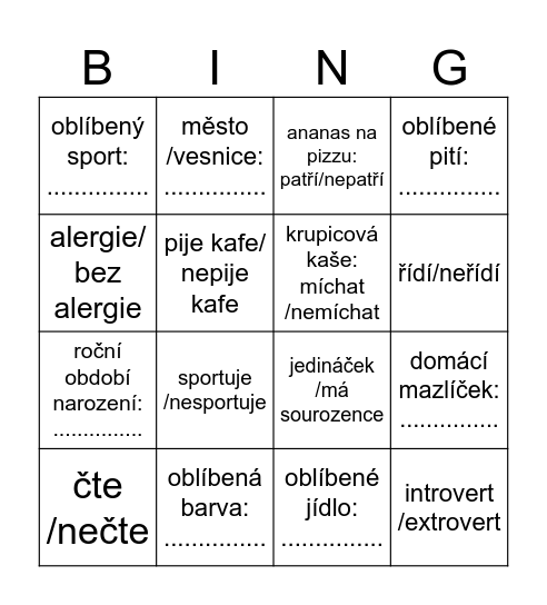 adapťák Bingo Card