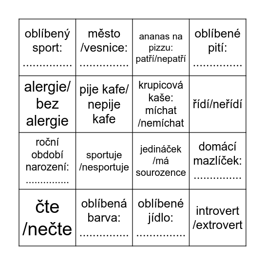 adapťák Bingo Card