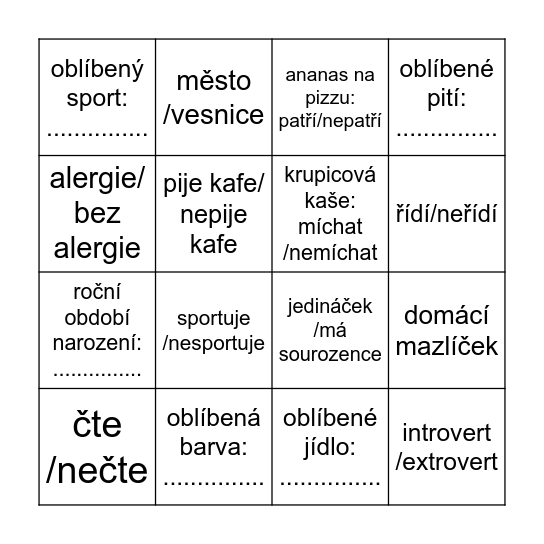 adapťák Bingo Card