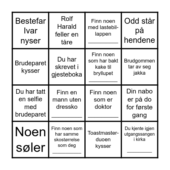 Bryllupsbingo Card