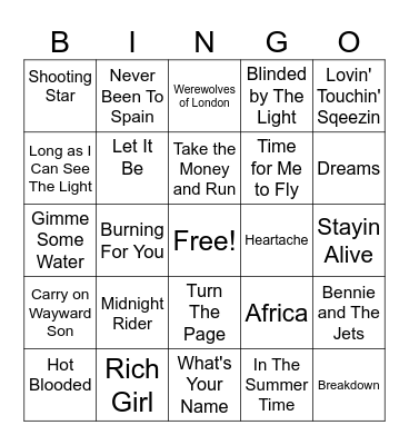 70's Classic Rock Hits Bingo Card