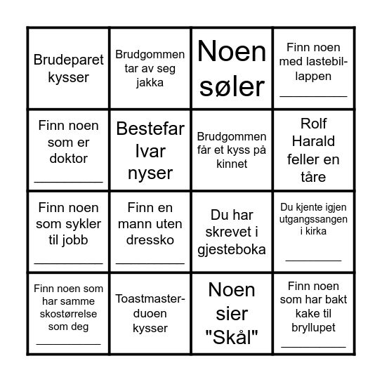 Bryllupsbingo Card