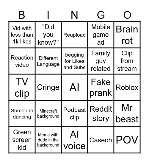 YT Shorts Bingo Card