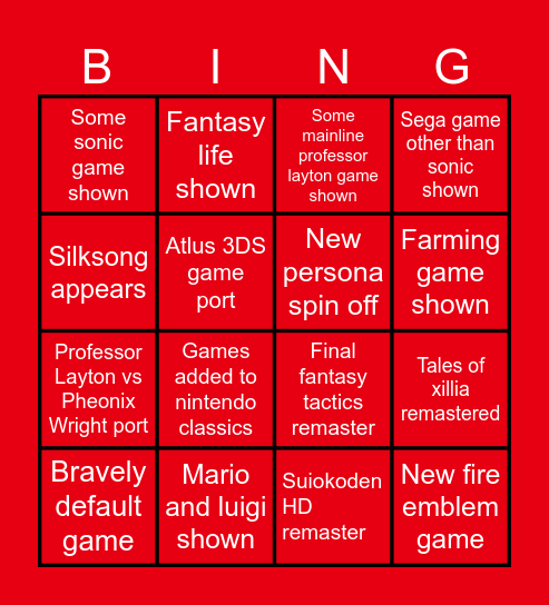 Partner direct and indie showcase Bingo Card