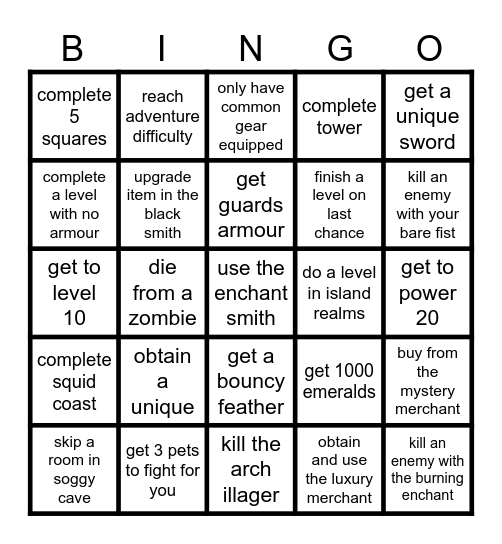 minecraft dungeons xtreme Bingo Card