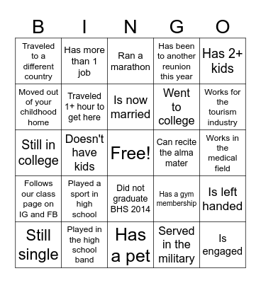 BHS 2014 REUNION Bingo Card