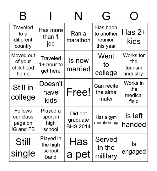 BHS 2014 REUNION Bingo Card