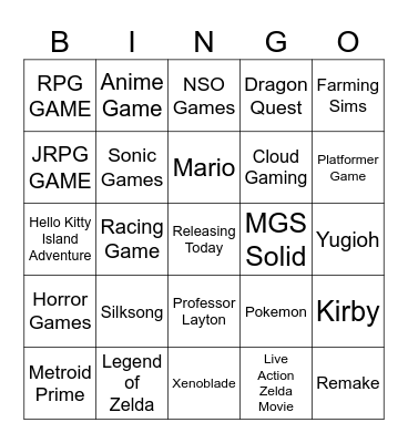 Nintendo Direct Bingo Card