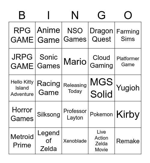 Nintendo Direct Bingo Card