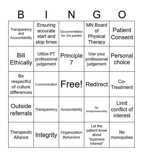 Code of Ethics Bingo Card