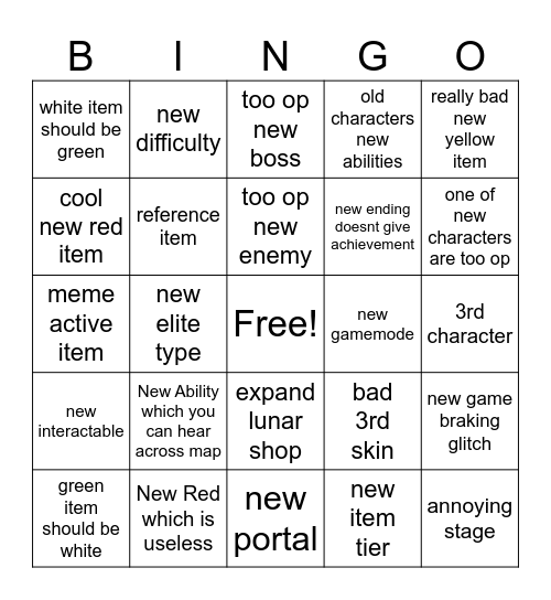 Risk of rain 2 DLC Bingo Card