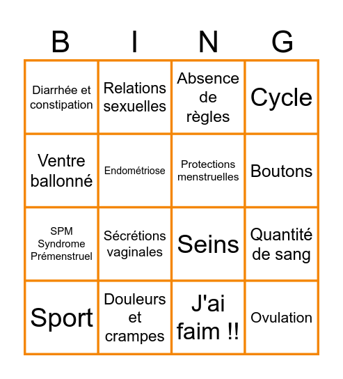 PERIOD BINGO Card