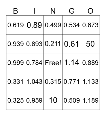 Addition of Decimals Bingo Card