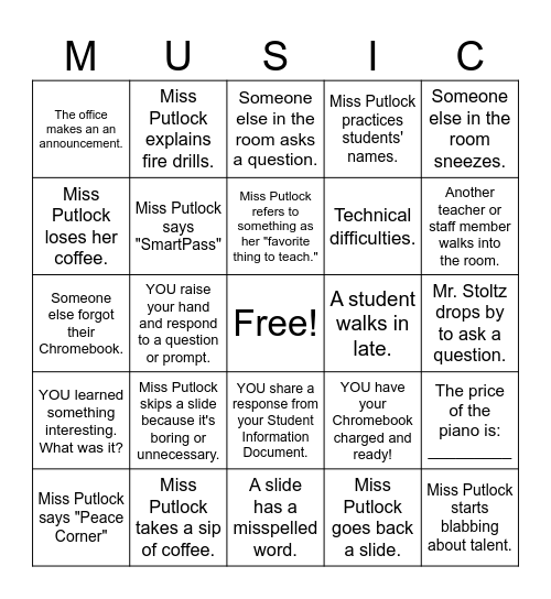 Music Procedures Bingo Card