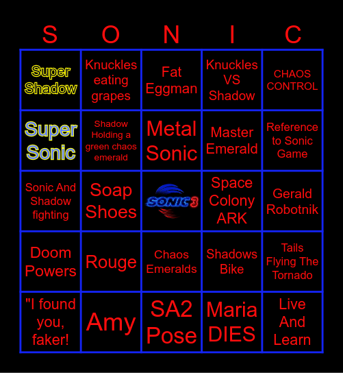 Sonic 3 Trailer Bingo Card