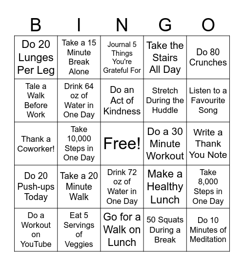 OCP Wellness Bingo Card