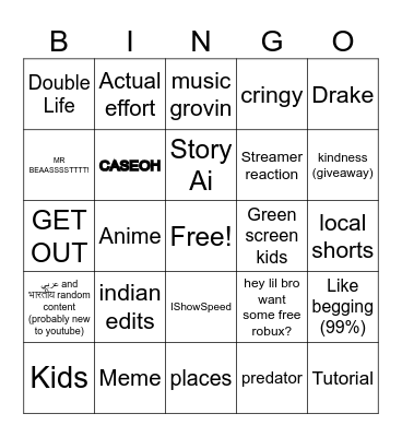 YouTube Shorts Bingo Card