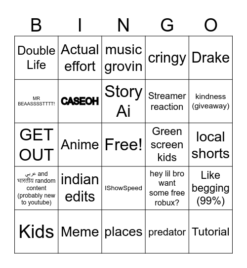 YouTube Shorts Bingo Card