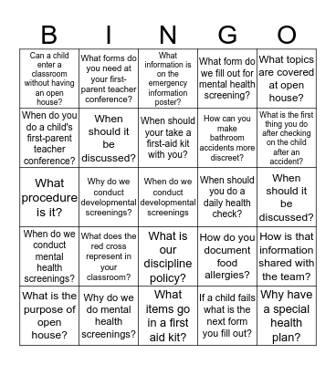 Pre-Service Bingo Card