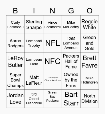 Packers Bingo Card