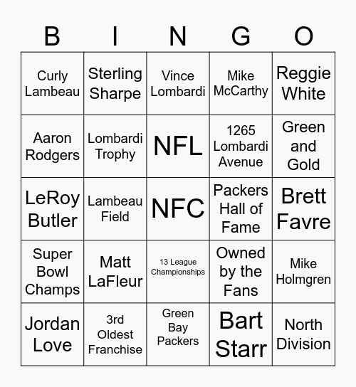 Packers Bingo Card