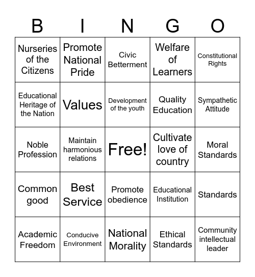 Code of Ethics Bingo Card