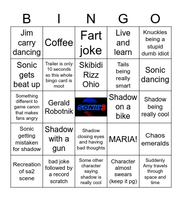 Sonic 3 trailer Bingo Card