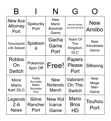 Nintendo Direct Bingo Card