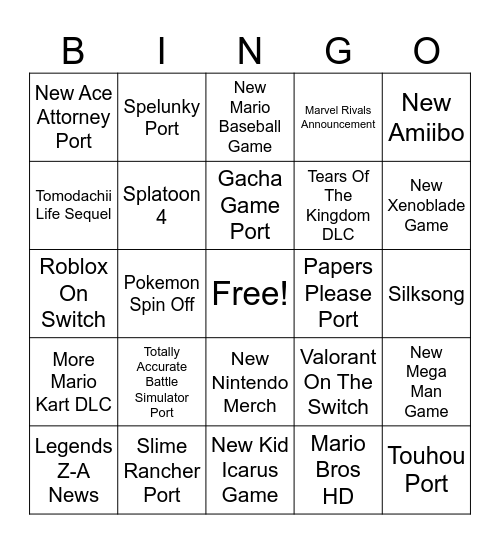 Nintendo Direct Bingo Card