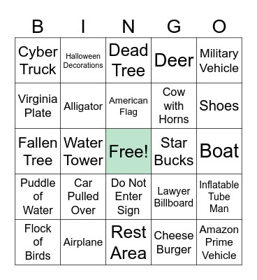 Unusual Road Trip Bingo Card