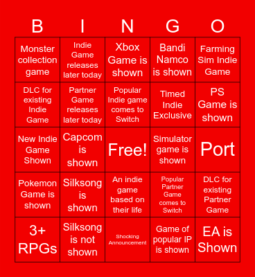 Indie World/Partner Showcase Bingo Card