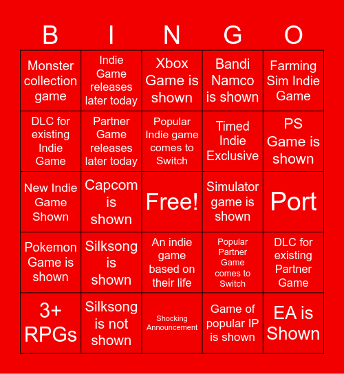 Indie World/Partner Showcase Bingo Card