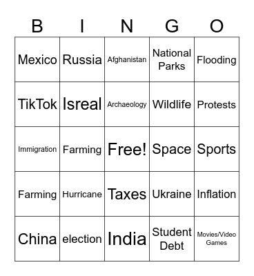 The World From A to Z Daily News Bingo Card