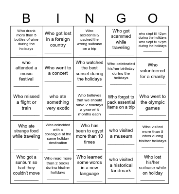 Holidays Bingo Card