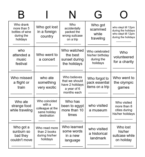 Holidays Bingo Card