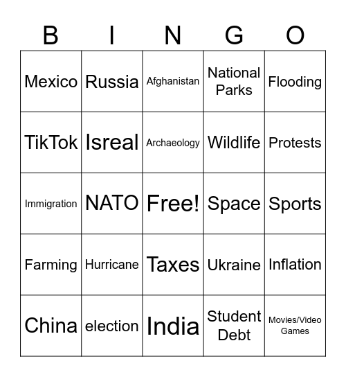 The World From A to Z Daily News Bingo Card