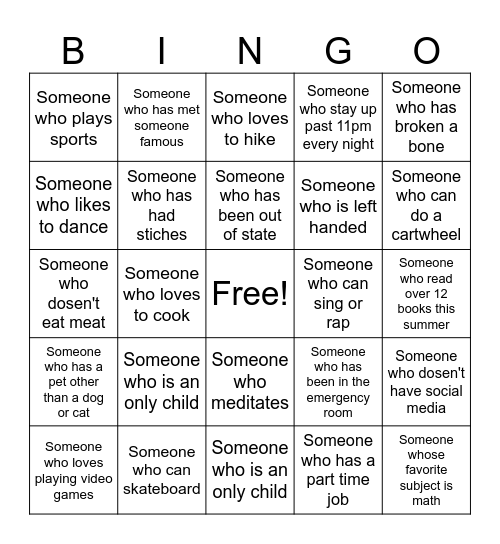 Classmate Bingo Card