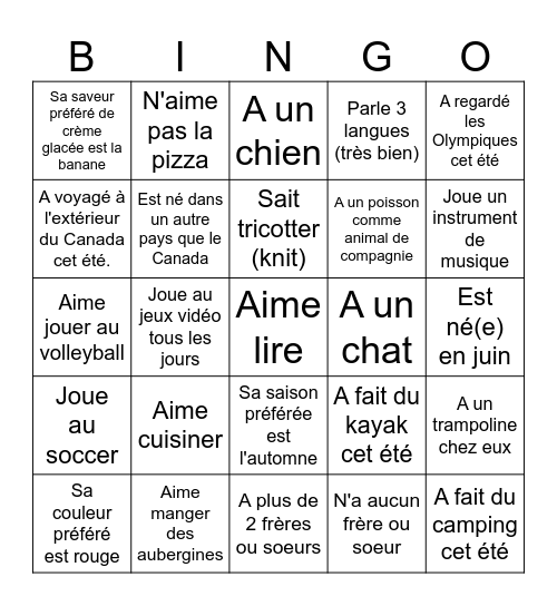 Ma classe de français! Bingo Card