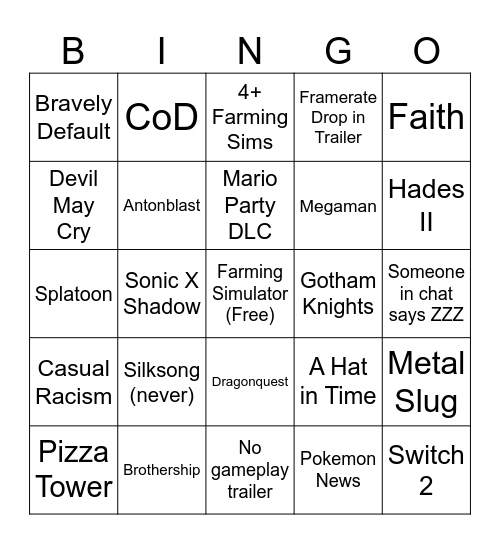 Nintendo Direct Bingo Card