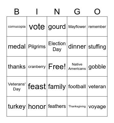 November Vocabulary Words Bingo Card