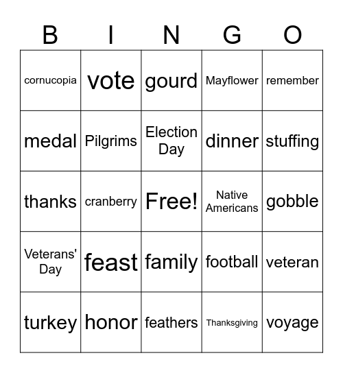 November Vocabulary Words Bingo Card