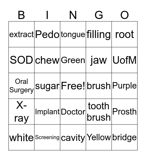 Dental Bingo Card