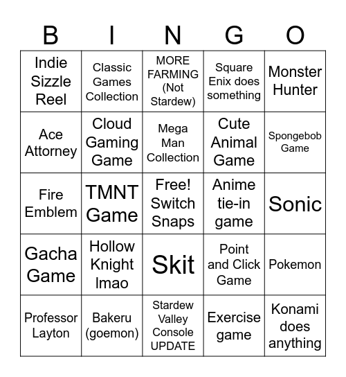 NINTENDO PARTNER DIRECT AUG 2024 Bingo Card